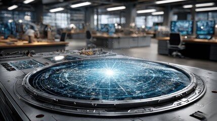 Poster - In a modern control room, a holographic projection of stars and galaxies hovers above a sleek console. Technicians work at their stations, focused on data and screens.