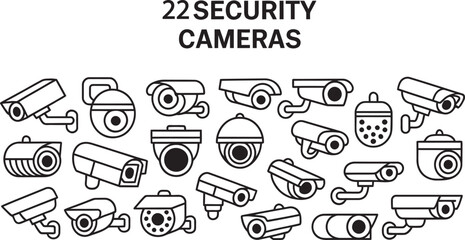 Aufkleber - collection of twenty two different security camera icons in black and white line art
