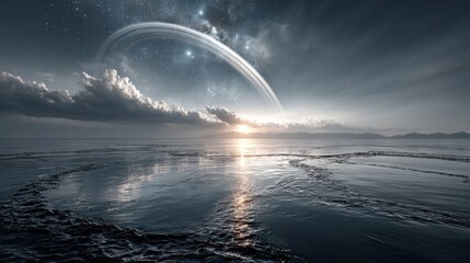 Wall Mural - A breathtaking view showcases a calm ocean reflecting the colors of a setting sun, with an expansive sky filled with clouds and a prominent celestial ring system.