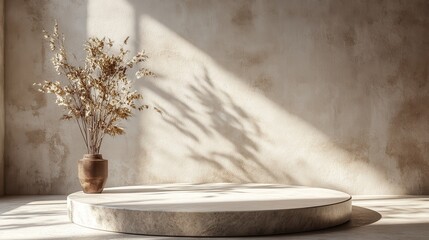 Poster - Minimalist room setting with a round marble platform, a dried floral arrangement, and sunlight casting shadows on a textured wall.