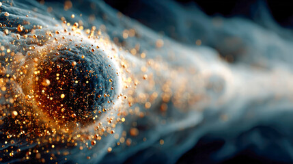 Poster - Abstract image of a cellular structure bursting with golden particles and flowing energy, evoking the concept of quantum biology or nanoexplosions