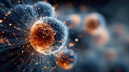 Poster - Close-up view of a luminous, textured cell emitting radiating light strands, representing biological energy and microscopic complexity