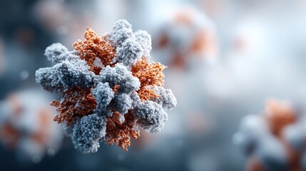 Poster - This close-up showcases a virus characterized by a complex network of surfaces in gray and orange hues, illuminated in a soft background. The details highlight the microscopic features and textures.