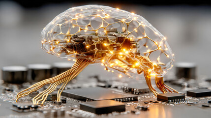 Poster - A transparent digital brain emits glowing neural signals while interfaced with a high-tech circuit board, symbolizing AI and futuristic technology