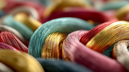 Poster - Macro image of tightly woven, multicolored metallic wires with shimmering highlights and depth of field