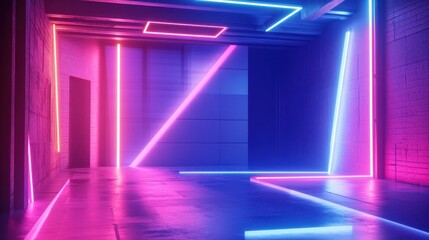Poster - Modern industrial studio features abstract shapes and shadows illuminated by vibrant neon LED lights, creating a captivating and artistic environment
