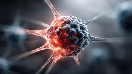 Poster - A detailed view of a neuron showcasing its intricate structure and vibrant electrical activity within a controlled laboratory environment. The focus highlights cellular connections.
