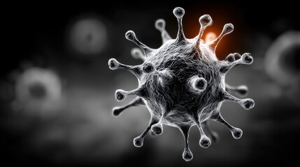Poster - A detailed examination shows a virus particle illuminated against a dark backdrop, showcasing spikes and surface structures that define its characteristics.
