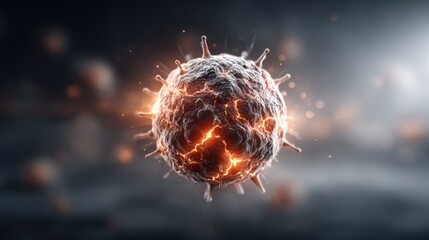 Poster - A virus appears magnified against a dark backdrop, with glowing particles illuminating its surface. Intricate details highlight its structure while suggesting movement.