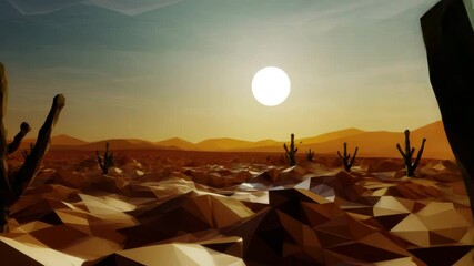 Poster - A low-poly desert scene with cacti and the sun setting in the background, rendered using simple geometric shapes for an abstract look. 