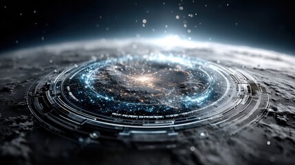 Poster - A futuristic cosmic portal reveals swirling galaxies and bright stars, set against a dark background of outer space. The intricate design showcases advanced technology, inspiring awe.