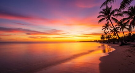 Wall Mural - Serene Beach Sunset View - Tranquil beach sunset, symbolizing peace, relaxation, escape, romance, and paradise. Golden hour colors paint the sky and ocean