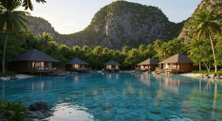 Wall Mural - Tropical Lagoon Villas - Luxury overwater bungalows on a secluded tropical lagoon, surrounded by lush greenery and dramatic cliffs
