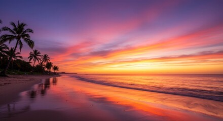 Wall Mural - Tropical Beach Sunset Panorama - Serene sunset over a tropical beach, palm trees silhouetted against vibrant sky, tranquil ocean reflecting the fiery colors, peaceful atmosphere, idyllic paradise