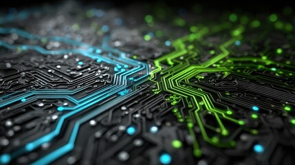 Poster - Close-up view of a detailed circuit board with vibrant blue and green pathways against a dark surface, showcasing cutting-edge technology and electronic innovation.