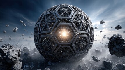 Poster - A metallic sphere with a hexagonal design glows at its center, surrounded by floating rocks in a dark cosmic setting with swirling clouds, creating an otherworldly atmosphere.