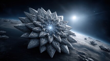 Poster - A unique spaceship with a complex geometric design silently hovers in the vastness of space, illuminated by the soft glow of a distant sun and surrounded by other spacecraft.