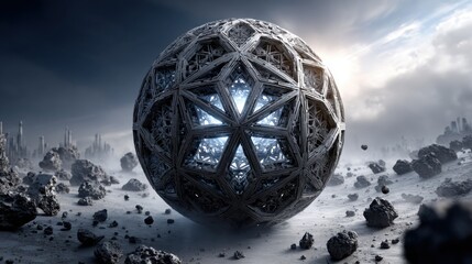 Poster - An abstract and intricate geometric structure rests on a barren landscape filled with rocks. The setting features a striking sky, hinting at an otherworldly ambiance.