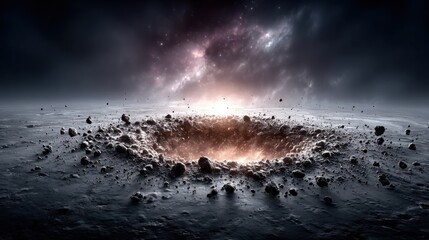 Wall Mural - a massive crater formed by an asteroid impact is visible on a desolate lunar landscape. distant gala