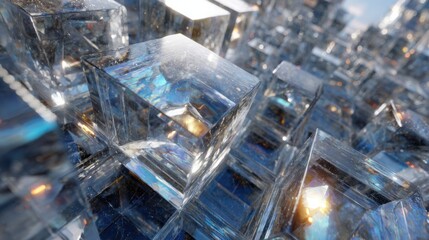 Poster - Multiple clear crystal cubes are arranged in a captivating formation, reflecting brilliant light. The sunlight creates a mesmerizing play of reflections and shadows, enhancing the visual appeal.