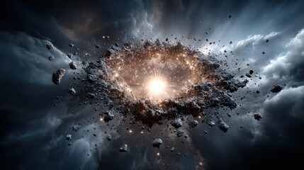 Wall Mural - a dramatic cosmic explosion showcases bright light emanating from a central point, surrounded by a s