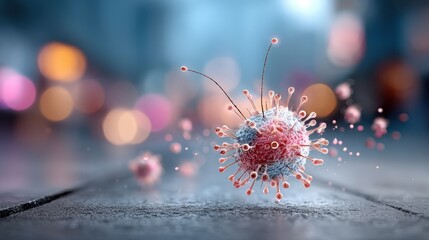 Poster - A highly detailed depiction of a virus with spikes and a red nucleus appears to float against a blurred urban background, illuminated by city lights at night.