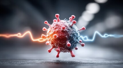Poster - A virus particle is showcased in vibrant detail, highlighted by dynamic energy waves of contrasting colors. The setting conveys a scientific atmosphere, emphasizing the virus's structure.