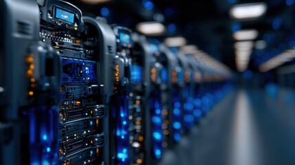 Poster - Rows of servers arranged in a high-tech data center feature glowing blue lights, emphasizing the advanced technology used to store and process data efficiently.