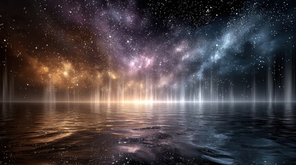 Wall Mural - A mesmerizing cosmic display over tranquil water features vibrant colors blending into a star-filled sky just after sunset, creating a serene and magical atmosphere.