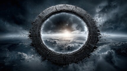 Poster - A massive circular structure floats above the clouds, surrounded by a dramatic sky illuminated by the dawn light. The scene captures a surreal and otherworldly ambiance.