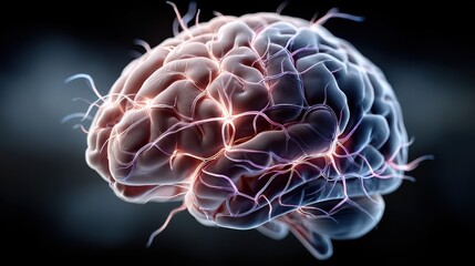 Fototapete - Intricate details of a human brain are illuminated, highlighting neural pathways and connections set against a dark background, emphasizing the complexity of thought processes.