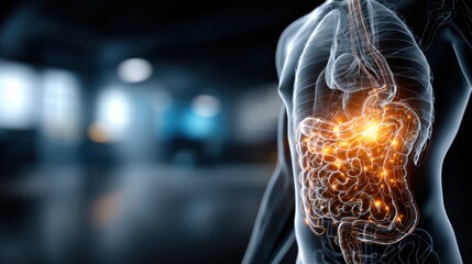 Poster - A detailed view of the human digestive system is presented, highlighting the stomach, intestines, and related organs, set against a contemporary medical background.