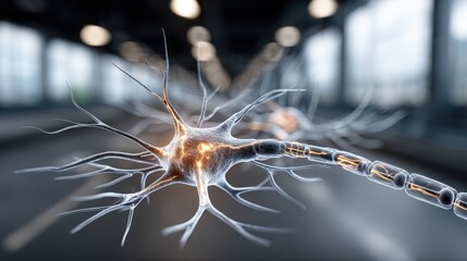 Poster - A detailed neuron with long, branching projections in a vibrant urban setting. The focus is on synaptic connections amidst a blurred backdrop, suggesting activity.