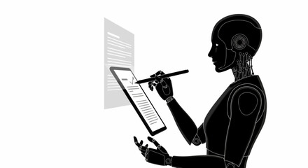 Poster - Robot Signing Digital Document with Stylus Future Technology Concept Automation and Artificial Intelligence in Business Black and White Illustration black