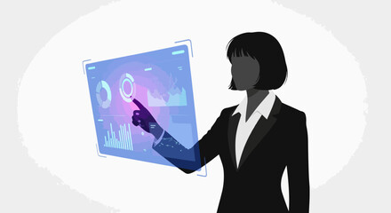 Poster - Businesswoman Interacting with Futuristic Data Interface Analyzing Charts and Graphs on a Transparent Display with a Clean Modern Aesthetic and Professional Presentation