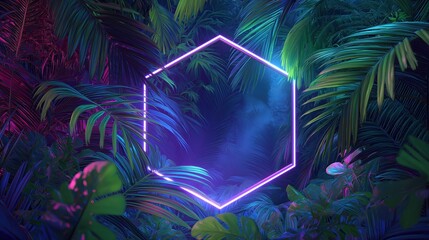 Poster - Neon hexagon shape glowing in a tropical jungle at night in 80s synthwave style