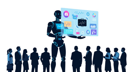 Poster - Robot Presenting Data to a Group of People Artificial Intelligence in Business Future of Work Technology and Innovation Automation and Human Collaboration