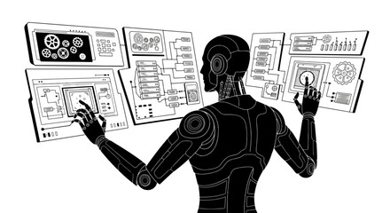 Poster - Futuristic Robot Interface A Black and White Illustration of an Android Interacting with Multiple Digital Displays Showcasing Complex Data and Technological Integration