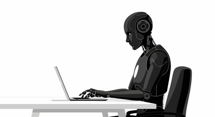 Poster - Monochrome Robot Working on a Laptop at a Desk Illustrating Artificial Intelligence and the Future of Technology in the Workplace