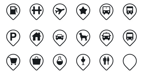 Aufkleber - Set of Black and White Location Pin Icons for Maps and Navigation Applications Representing Various Points of Interest and Services