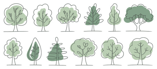 Poster - Set of Twelve Hand Drawn Trees with Green Canopy and Brown Trunk on White Background Minimalist Style Vector Illustration