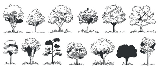 Poster - Collection of Black and White Tree Illustrations with Varying Shapes and Styles on a White Background