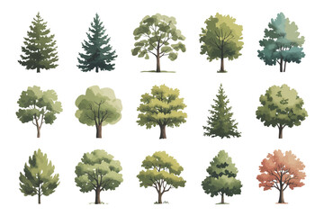 Poster - Collection of Fifteen Different Tree Illustrations with Varied Shapes and Colors on a White Background Ideal for Nature and Landscape Designs