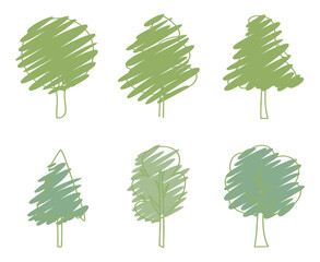 Poster - Collection of Six Hand Drawn Trees in Green Scribble Style on a White Background for Nature and Environment Concepts
