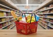 © Thecreator T - A red shopping basket brimming with groceries sits on a wooden counter, a supermarket aisle blurred in the background