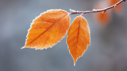 Wall Mural - frost rimmed orange autumn leaf, intricate venous network, side lit macro revealing delicate crystal