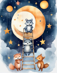  Generated Image of children's book illustration nursery room print watercolor animals cartoon card template