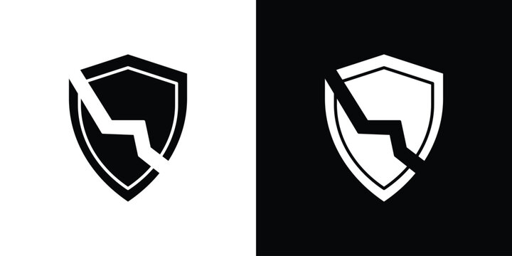 Broken shield icon in flat version on black and white background