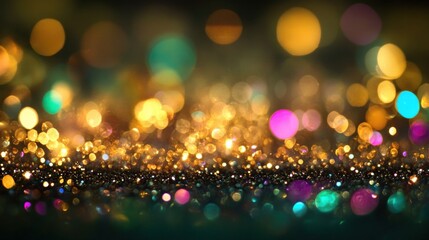Multicolored bokeh lights over a dark glitter background.
