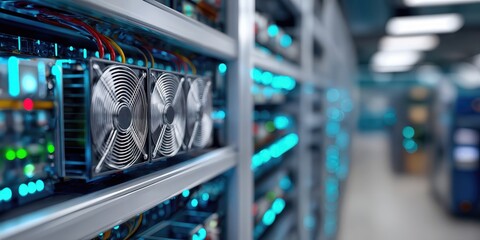 Poster - Rows of Cryptocurrency Mining Servers in Data Center, Illustrating Technological Advancement and Digital Transformation in the Modern Economy : Generative AI